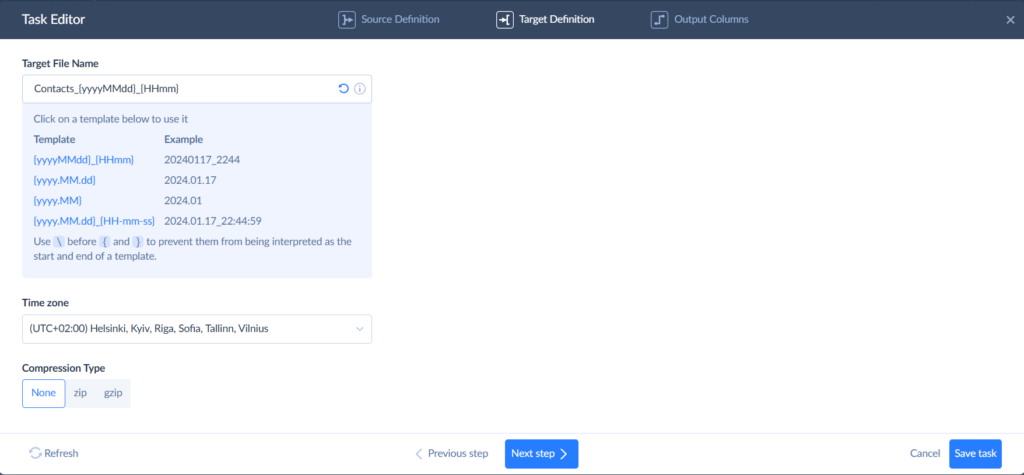 Target file name defininition for a HubSpot to Dropbox integration in Skyvia