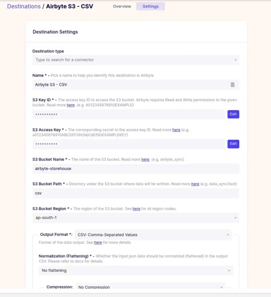 Airbyte S3 settings