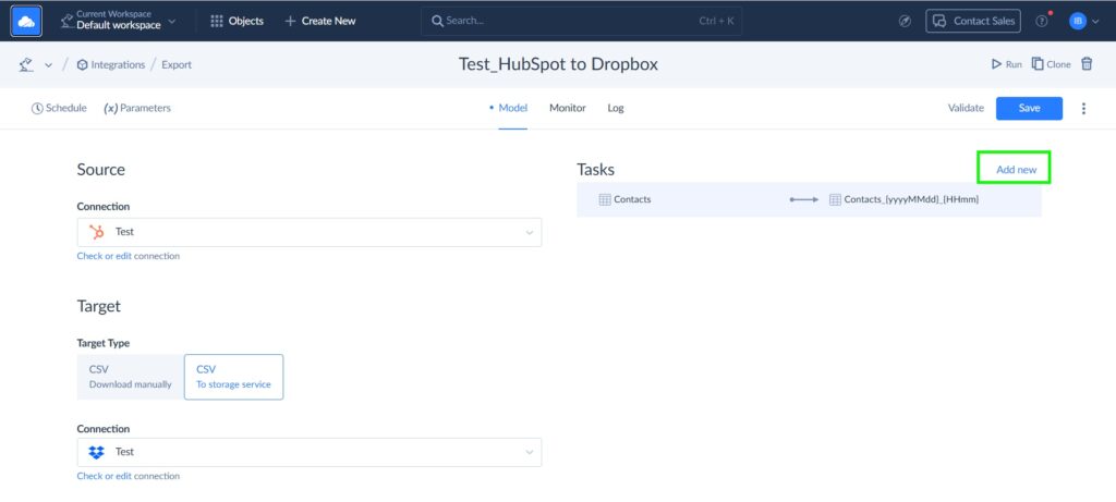 New task for a HubSpot to Dropbox integration in Skyvia
