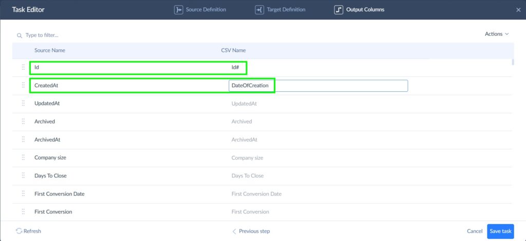 Output columns definition for a HubSpot to Dropbox integration in Skyvia