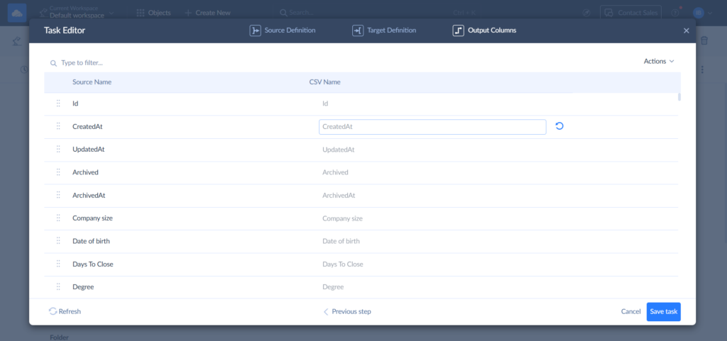 Source definition tab