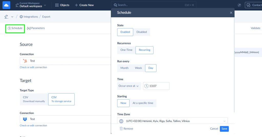 HubSpot to Dropbox integration scheduling in Skyvia