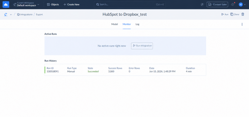 Skyvia Log for HubSpot to Dropbox integration