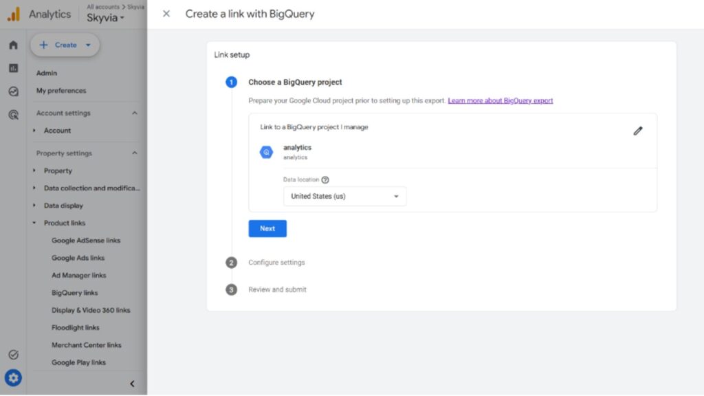 Create a Link to a BigQuery project
