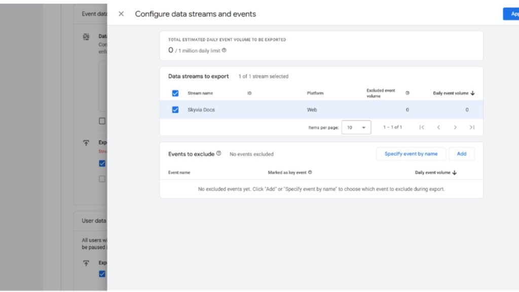 Configure data streams and events