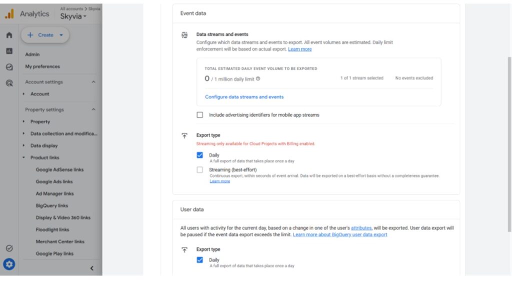 Configure data streams and events