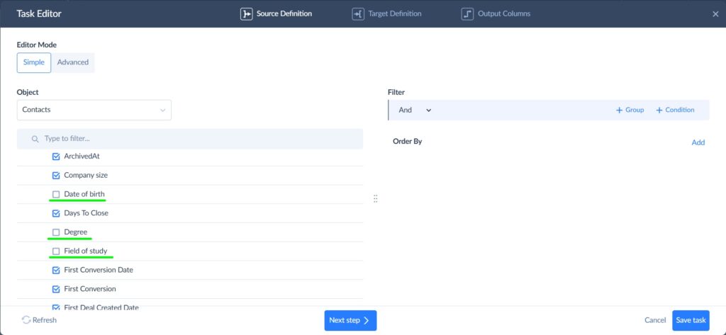 Source columns definition for a HubSpot to Dropbox integration in Skyvia