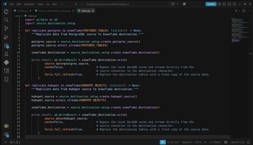 replication code from HubSpot and PostgreSQL to Snowflake in Airbyte