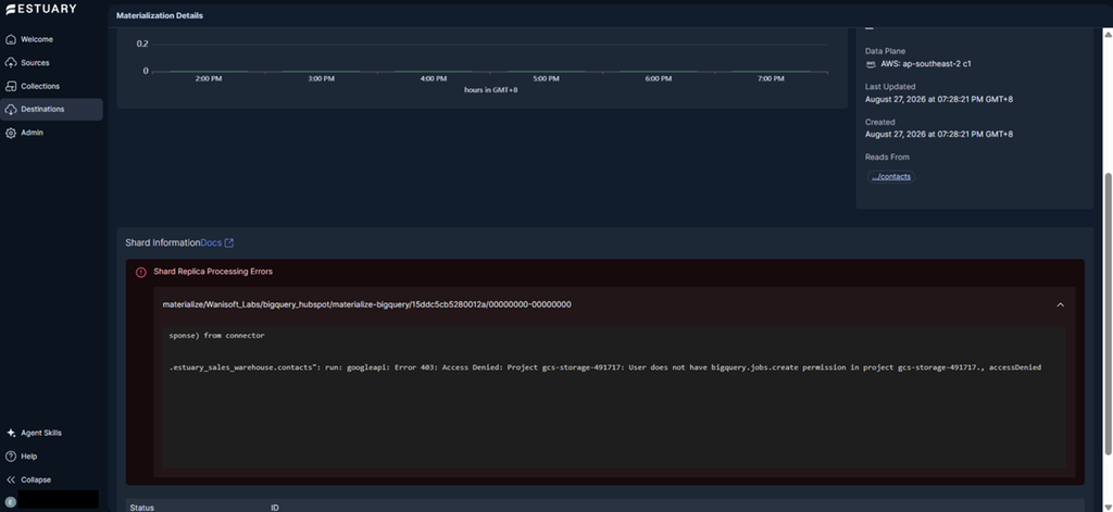 Estuary BigQuery permission error
