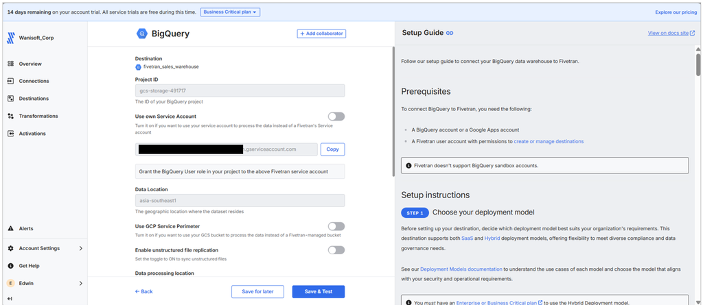 BigQuery connection in Fivetran