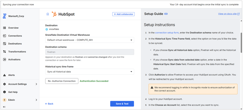 HubSpot connection in Fivetran