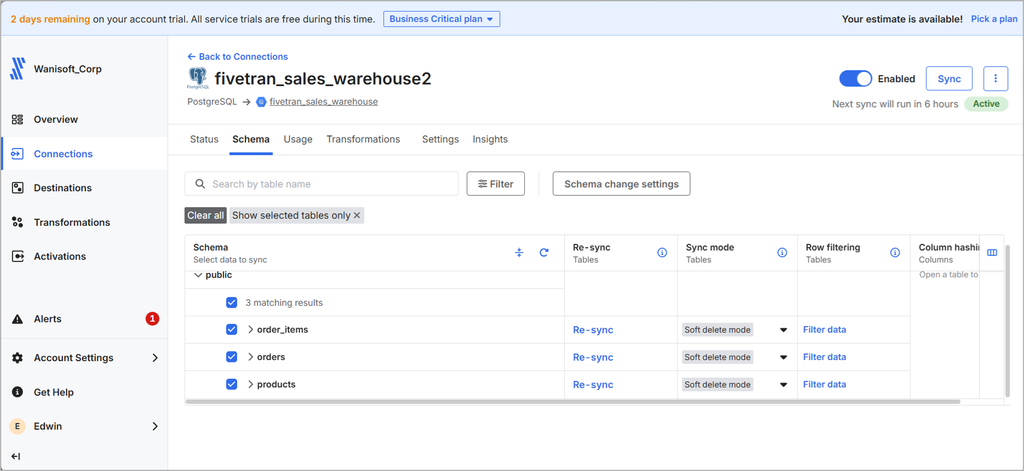 PostgreSQL source and BigQuery destination in Fivetran