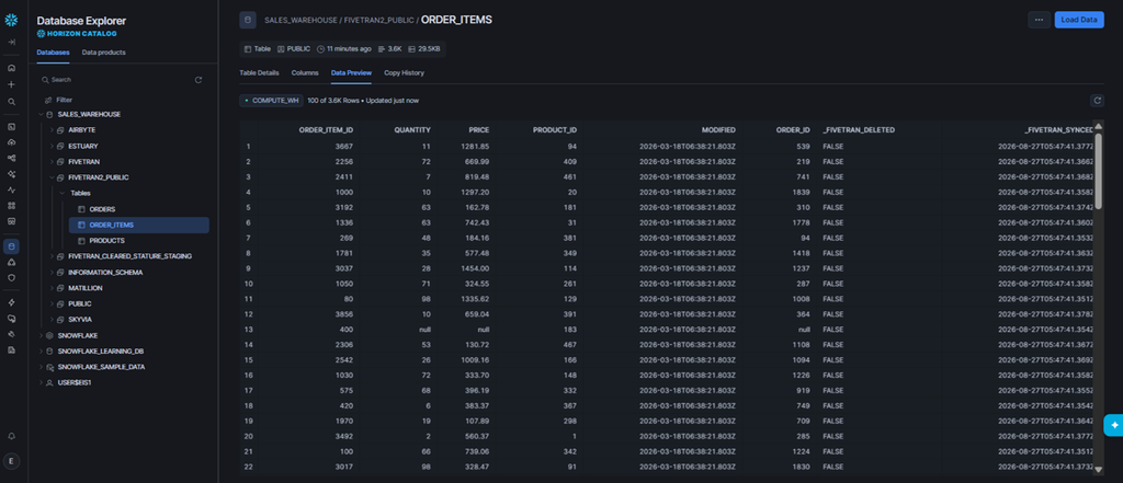 Results in Snowflake: order items data