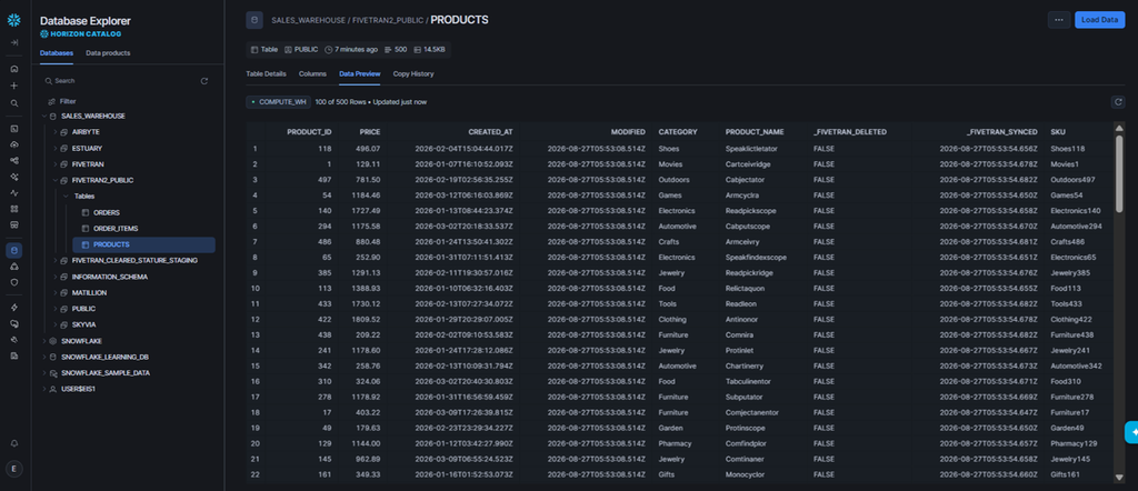Results in Snowflake: products data