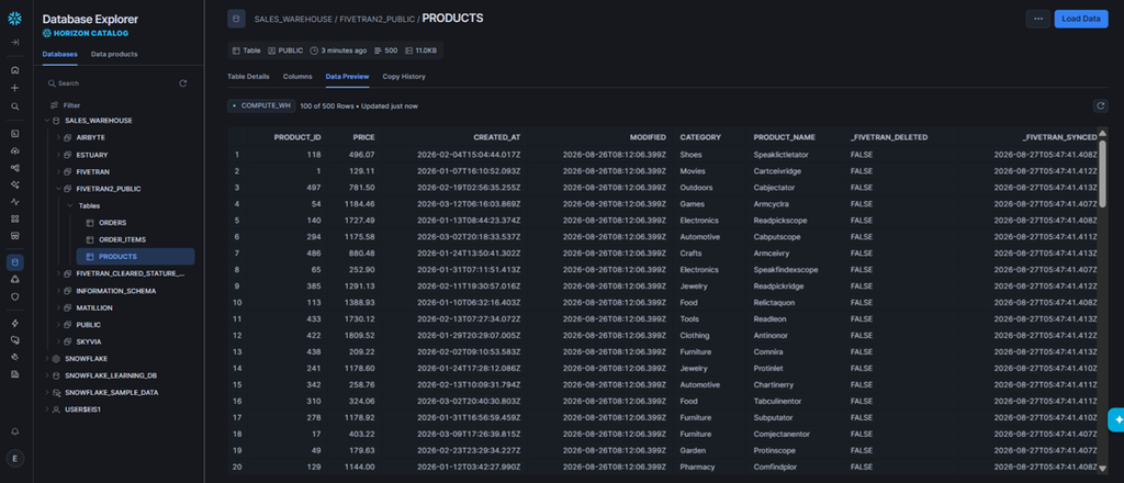 Results in Snowflake: products data