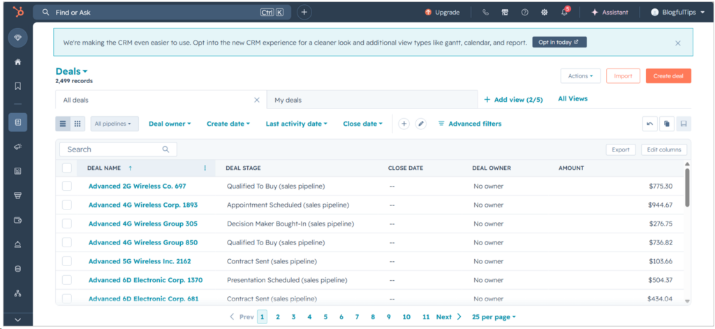 Sample HubSpot Deals