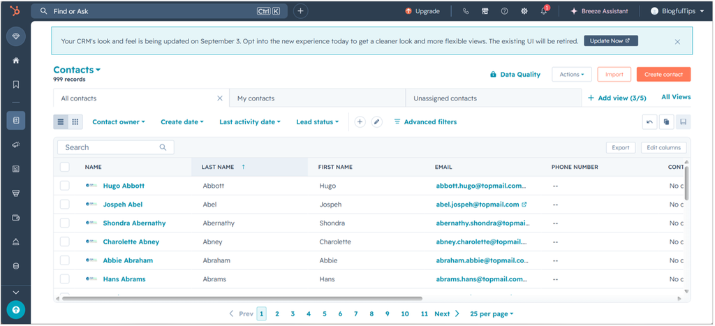 a free HubSpot account with 999 Contacts