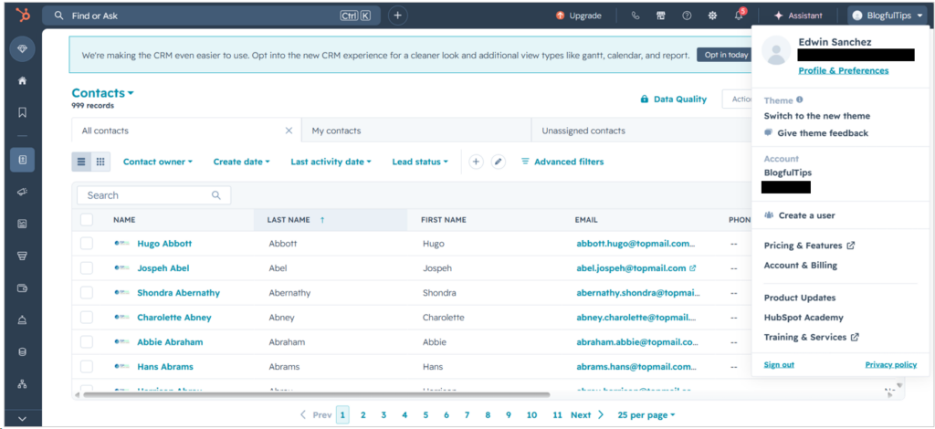 Sample HubSpot Contacts