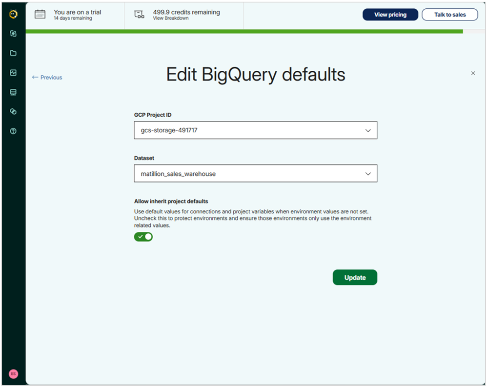 Matillion connector BigQuery configurator