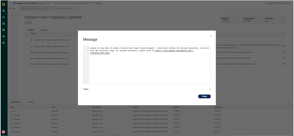 Runtime Results in Matillion: a runtime error in BigQuery