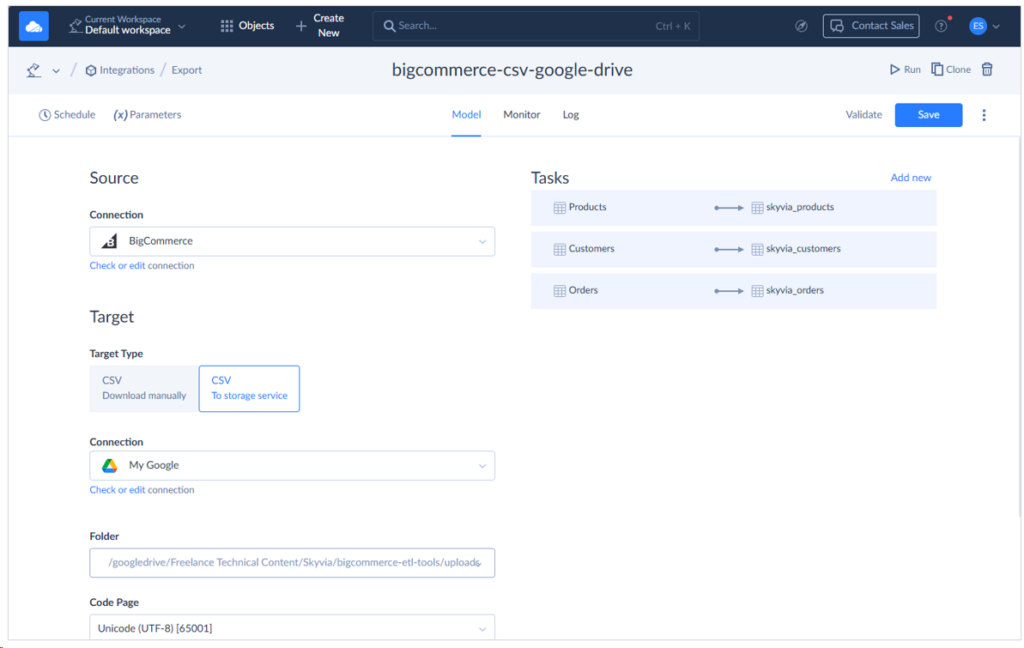 Skyvia BigCommerce CSV export to Google Drive