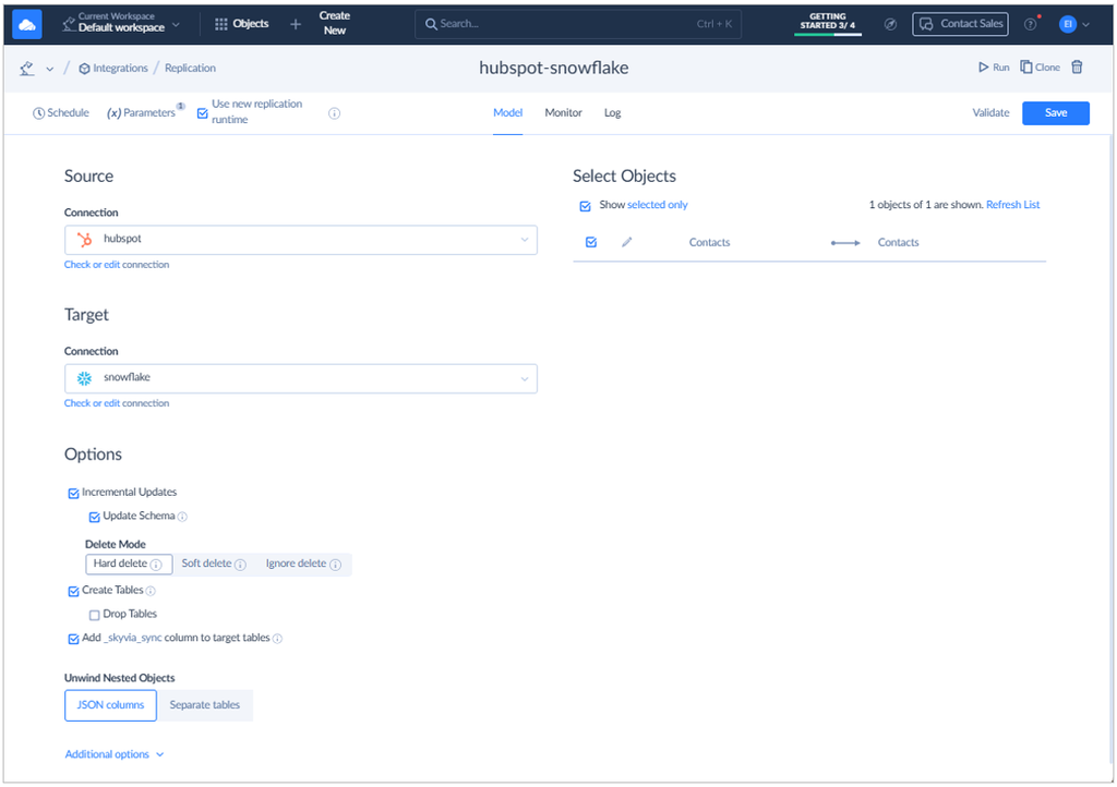 HubSpot to Snowflake replication in Skyvia