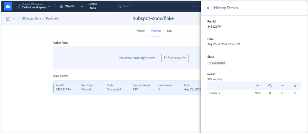 sync for HubSpot Contacts to Snowflake took 22 seconds