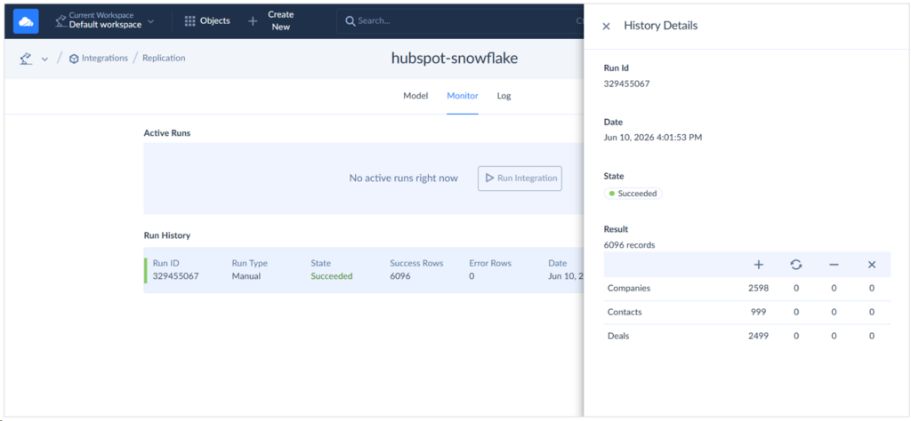 HubSpot to Snowflake Integration history details