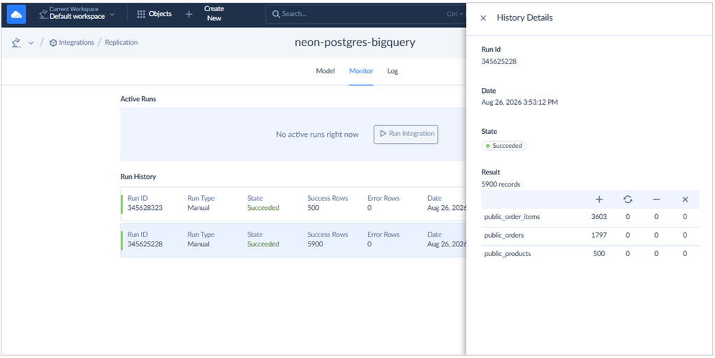 PostgreSQL to BigQuery, it took 1 minute and 8 seconds