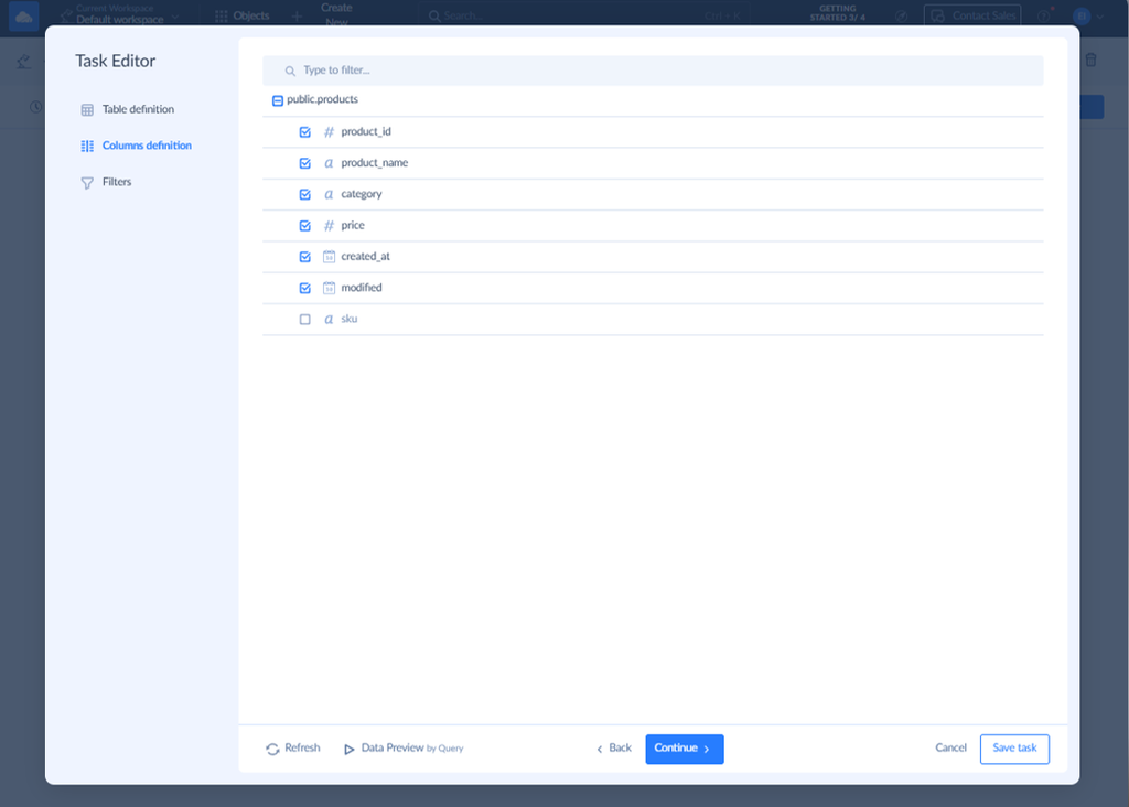 Skyvia task editor data schema