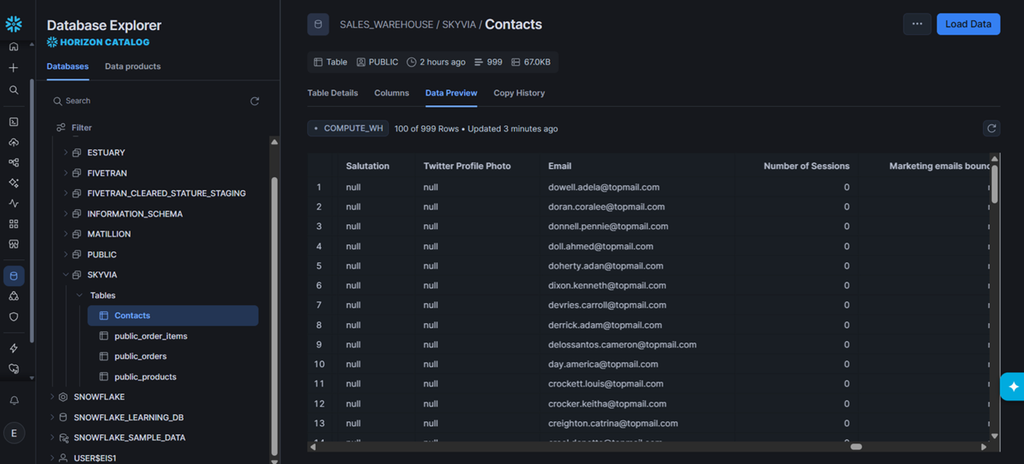 Results in Snowflake: data preview of the HubSpot contacts