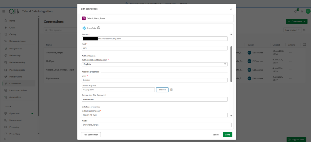 the Snowflake connection by Talend