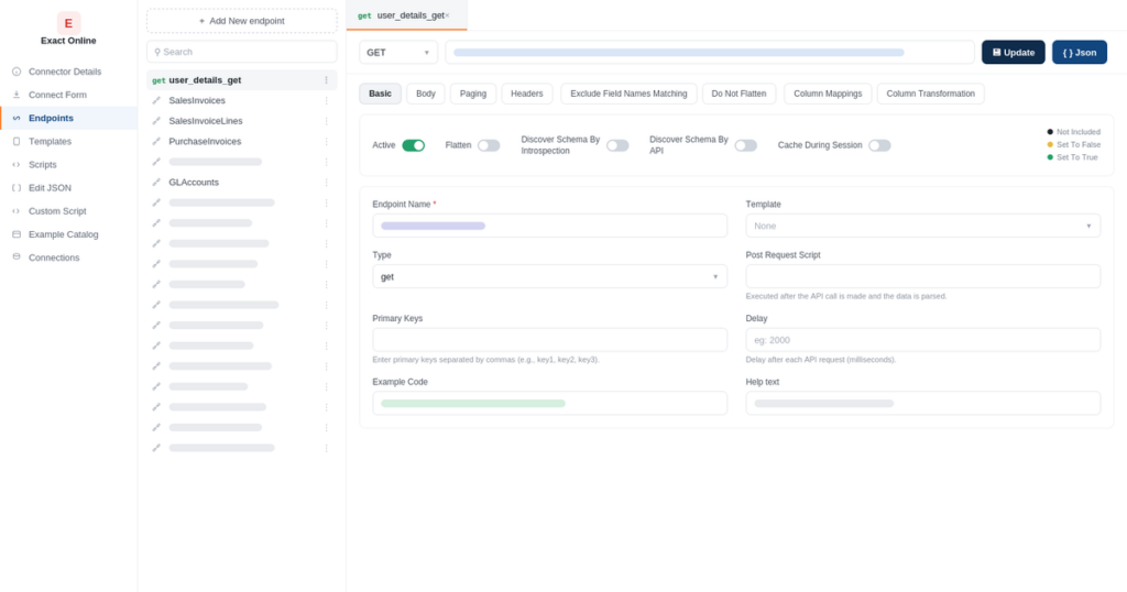 Adding an Exact Online endpoint in Peliqan. The ELT pipeline and schema discovery are configured in the same screen.