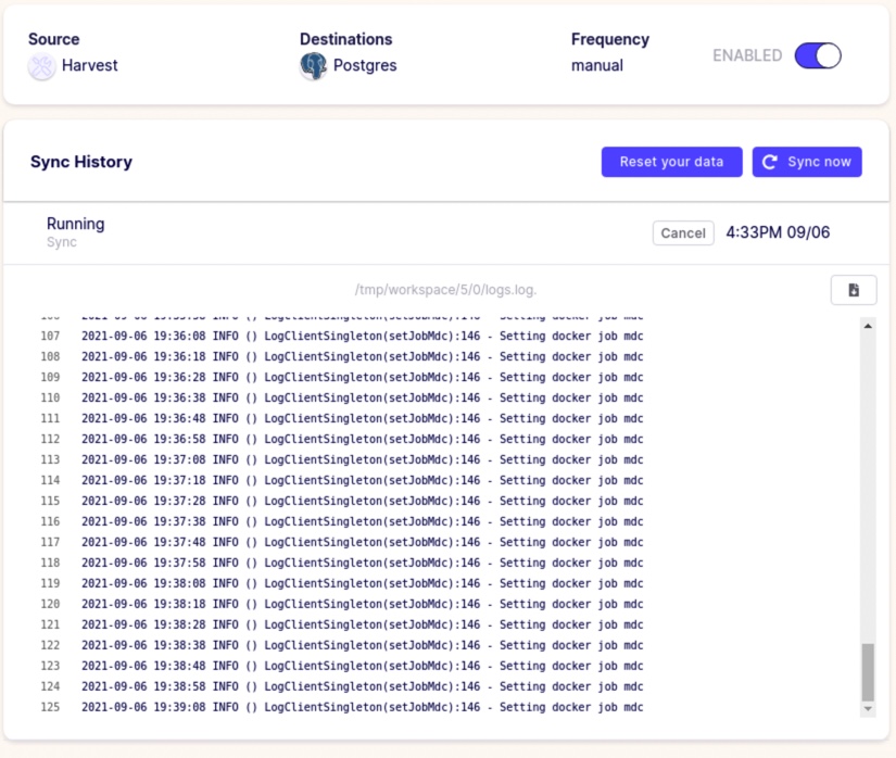 Airbyte Sync History screen showing Docker job log messages during a manual sync