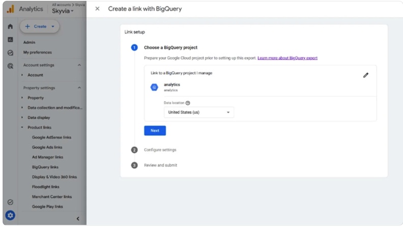 GA BigQuery link setup with selected BigQuery project and data location