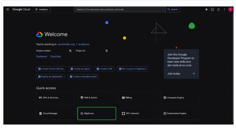 Google Cloud BigQuery API enabled for the selected project