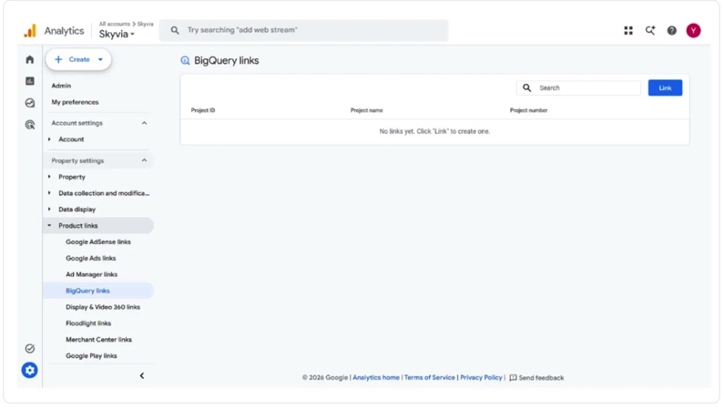 GA Admin panel showing Product Links and BigQuery Links