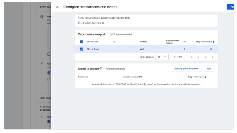 GA BigQuery link setup showing data streams and event exclusion settings