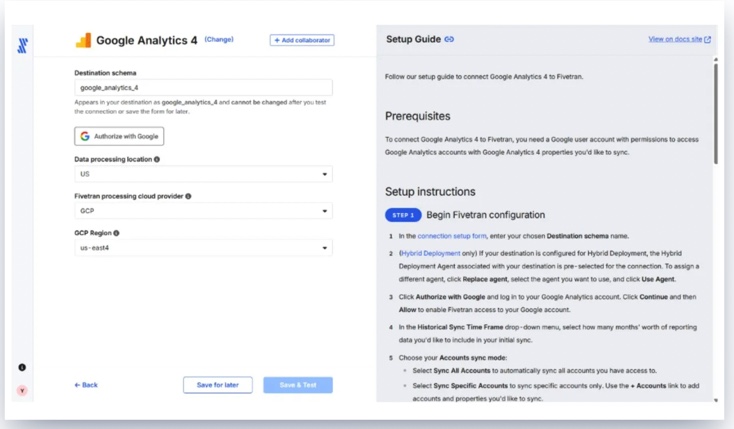 Fivetran connector setup dashboard for Google Analytics to BigQuery pipeline.j