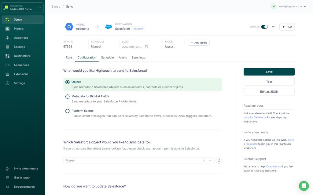Hightouch pipeline configuration screen