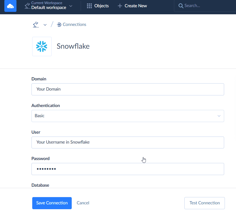 How to create a Snowflake connection in Skyvia New Snowflake Connection in Skyvia