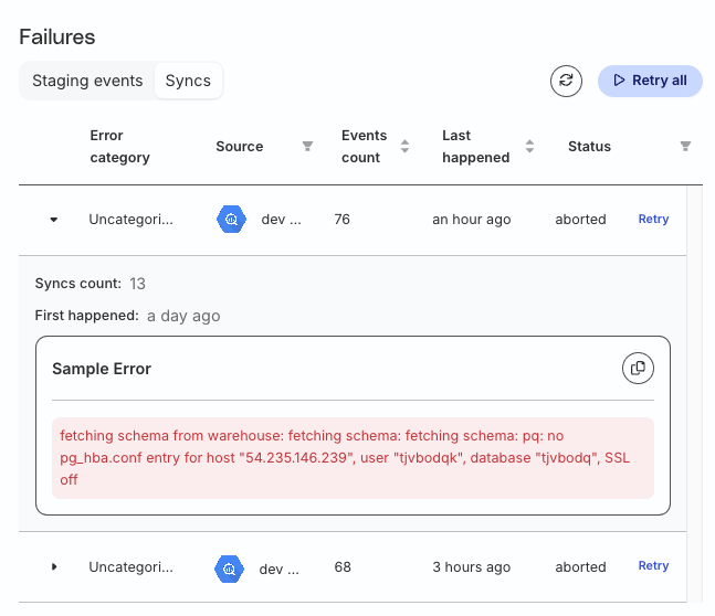 RudderStack "Fetching Schema" Error during BigQuery Sync