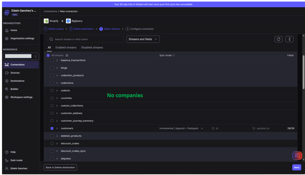 Shopify to BigQuery pipeline by Airbyte