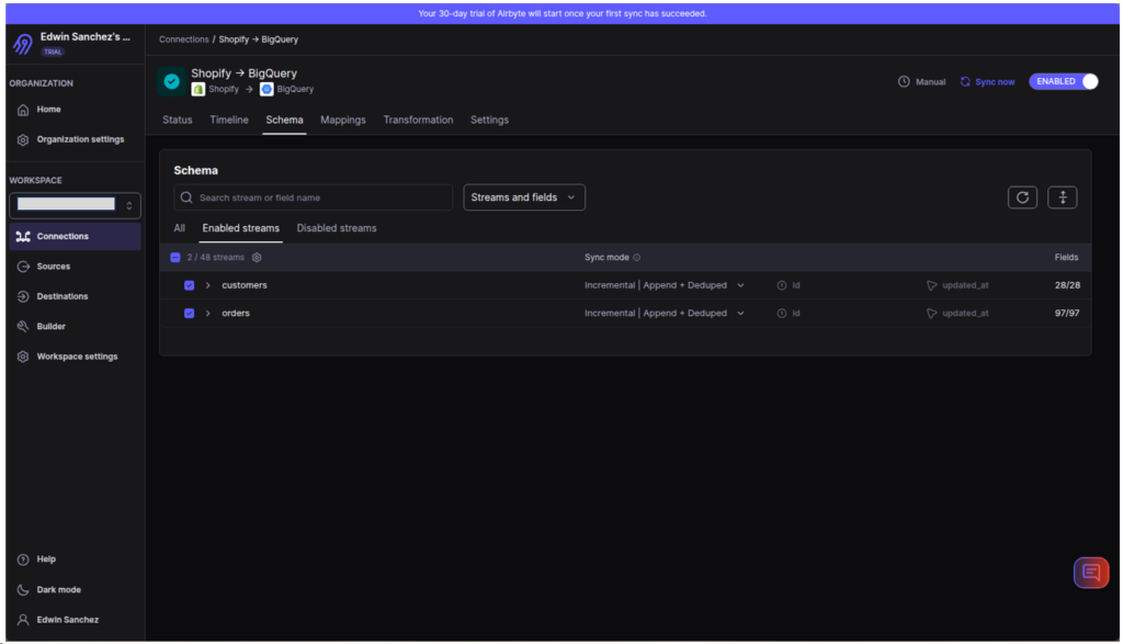 Shopify to BigQuery pipeline by Airbyte