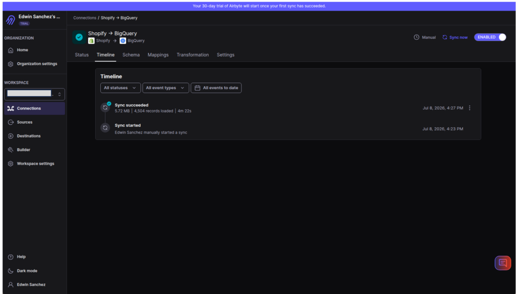 Shopify to BigQuery pipeline by Airbyte