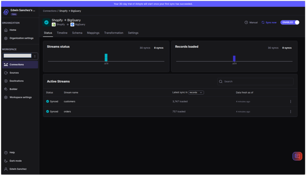 Shopify to BigQuery pipeline by Airbyte