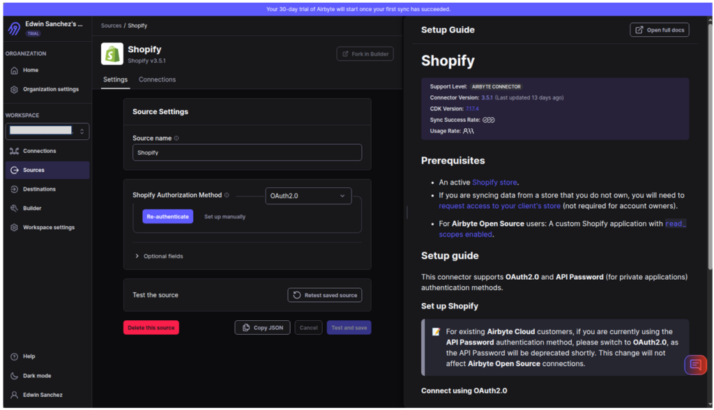 Shopify connector by Airbyte