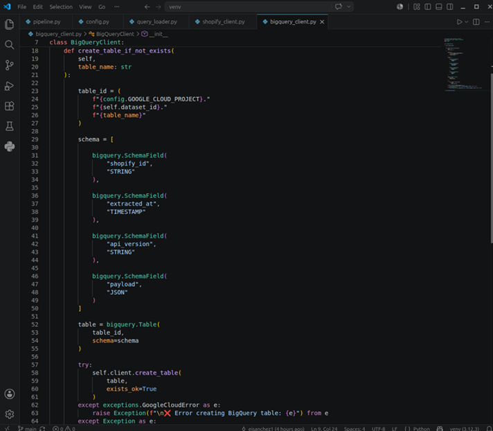 Creating the tables under a set project and dataset defined in the config
