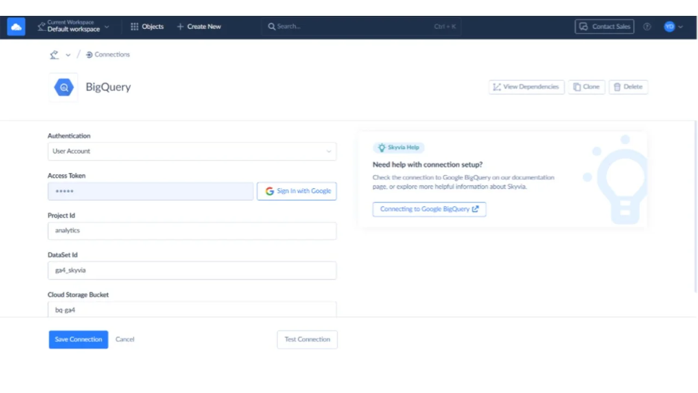 kyvia Google BigQuery connection setup with project dataset and Cloud Storage bucket.
