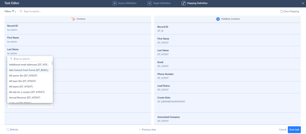 Skyvia Mapping - HubSpot Contacts to BigQuery